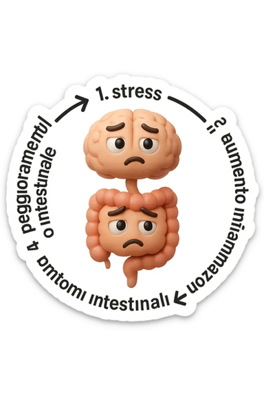 EMOJI STILE IPHONE 3D DI un cerchio con queste scritte che girano intorno in ordine per come li ho scritti "1. stress → 2. peggioramento intestinale → 3. aumento infiammazione → 4. peggioramento sintomi intestinali e sistemici." al centro del cerchio metti un cervello e intestino umani collegati verticalmente con espressione dubbiosa in volto, FALLO MOLTO REALISTICO IN 3D sticker