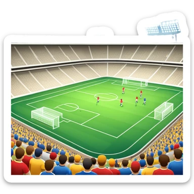 An icon featuring a large stadium with a football match in progress, players in action on the field, and a cheering crowd in the stands. Bright floodlights illuminate the pitch, creating an intense atmosphere of competition. The transparent background highlights the thrill of live sports events. sticker