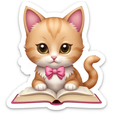 a cute kitten with a bow reading a romance book sticker