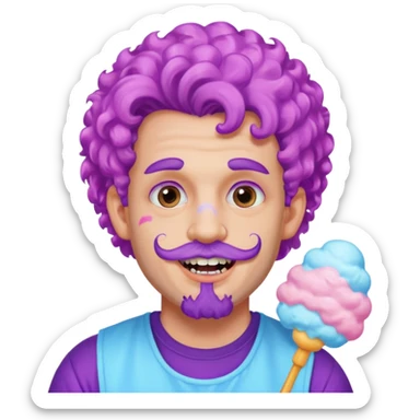 very colorful puffy violet curly haired man just beard  no mustache made out of cotton candy wearing teeth-braces and excessive face tattoos just face  sticker