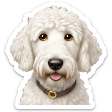 White golden doodle with a brown ear sticker