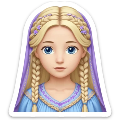 Joven de unos 30 años, de aspecto dulce, elegante.
Piel clara, ojos (pueden ser azules o verdes)
Rubio o castaño largo, con trenzas.
Vestido largo de tonos suaves (blanco, azul o lavanda), con bordados dorados; un manto o toca fina cubriendo la cabeza. Que se vea todo el cuerpo de pies a cabeza sticker
