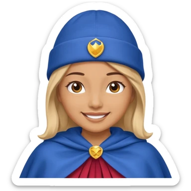 Female hero in blue beanie, cape flowing, smiling proudly.


































 sticker