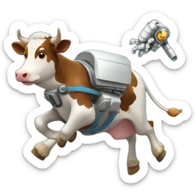 side-on view of cow flying to space while wearing a jetpack with legs being pushed back by the wind sticker