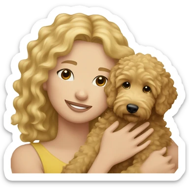 curly blonde hair hugging golden doodle  sticker