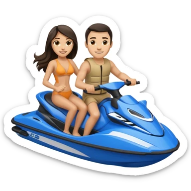 Light tan male dark hair & light tan female long dark hair on a blue jet ski no sunglasses sticker