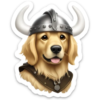 Golden retriever in dark Viking helmet with white horns sticker
