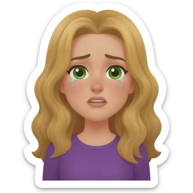 lady with long wavy blonde hair, purple top, green eyes, sneezing with tearful eyes sticker