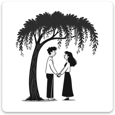 Hand-drawn romantic scene with two people holding hands under a tree sticker