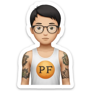 A young boy WITH A laptop, black straight short hair, wearing glasses, wearing a tanktop, has tattoos, he is asian

Add the letters "PIF" floating around him sticker