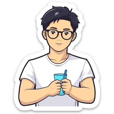 young handsome Asian man with black coffee colored hair, wearing white T-shirt, black framed glasses, holding glasses, very smart, cartoonish sticker style sticker