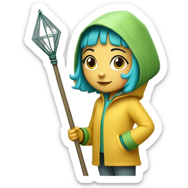 Cute little girl with light short blue hair with peach skin, with yellow raincoat hidden with green boots holding a staff sticker