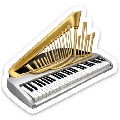 Create an elegant and festive emoji collage representing keyboard instruments, styled like a heraldic emblem. The design should feature a central focal point of black and white piano keys, arranged in a semi-circular or shield-like shape. Around the piano keys, add intertwining musical notes that form flowing ribbons, creating a dynamic and celebratory atmosphere. The design should be professional, with polished silver and gold accents on the keys and notes, highlighting the luxury and sophistication of the instruments. Add subtle shading and lighting effects to give the design a refined, 3D appearance. The background should remain transparent, and the overall feel should evoke grandeur, artistry, and a sense of celebration. sticker