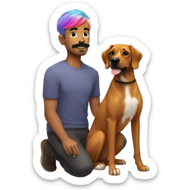 white man with rainbow colored hair and curled mustache standing alongside a brown rhodesian ridgeback dog sticker