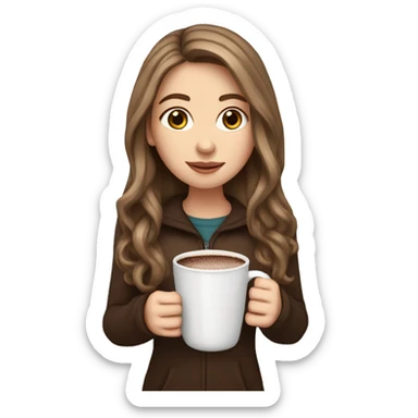 white girl with brown long hair and a hot chocolate sticker