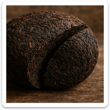 a sliced pu-erh tea cake showing the dense, dark interior sticker