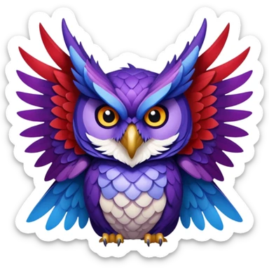 Owl dragon hybrid with wings front facing dark purple and blue and red sticker