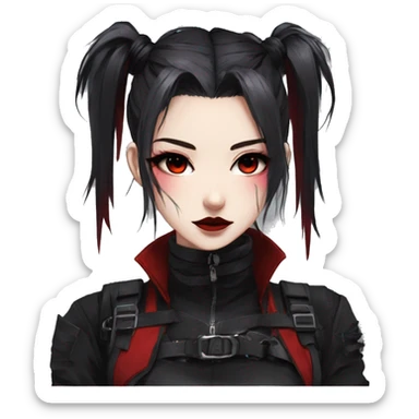 Gorgeous gothic dark techwear anime style lady with blushing face aesthetic and pretty edgy black red punk messy ponytail hair with collar and harness trending style sticker