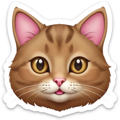 A soft, fluffy brown cat face with big round eyes, tiny whiskers, and a small pink nose. The ears are perked up, and the cat has a playful or mischievous smile. sticker