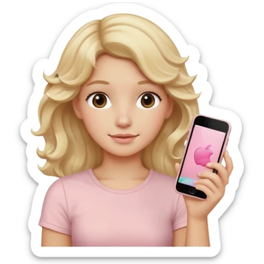 close up of a pastel pink iPhone to the ear, wavy blonde hair, beige top, iOS Apple emoji style sticker