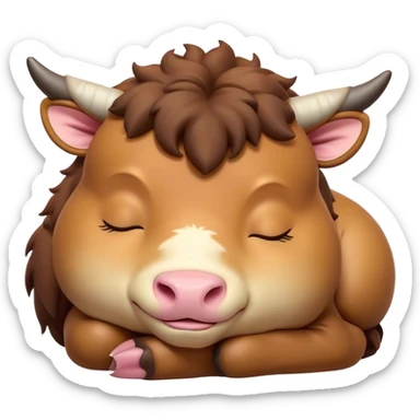 Meme-Worthy Cute Sleeping Domestic Ox Portrait Emoji, Head resting peacefully with a contented smile, showcasing a massive, sturdy build and a luxuriously soft hide, eyes gently closed in serene, restful slumber, Simplified yet hilariously adorable features, highly detailed, glowing with a soft, drowsy natural light, high shine, relaxed and utterly lovable, stylized with an air of playful laziness, soft glowing outline, capturing the essence of a sleeping ox that feels destined to become the next viral sensation of adorable rest! sticker