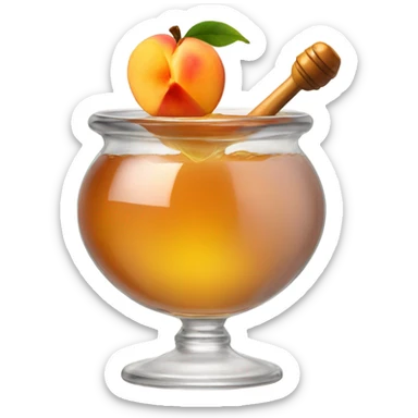 A pot of honey with a peach sticking out of the top sticker
