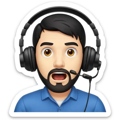 Very shocked man with wide eyes, open mouth, black hair, brown eyes, black beard wearing a gaming headset sticker