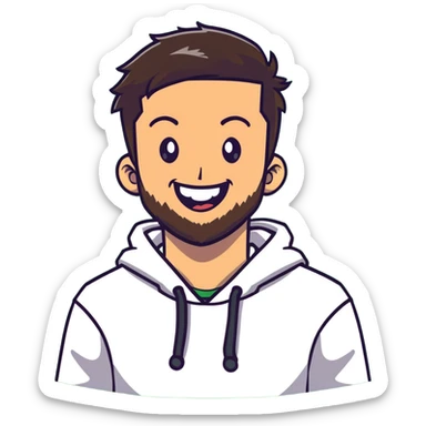 laughing guy with white hoodie, green t-shirt underneath, green eyes, dark brown undercut hairstyle and a short full beard sticker