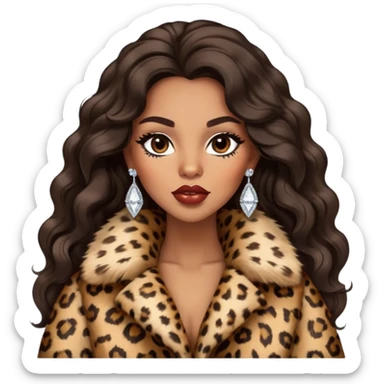 light brown skin tone, very beautiful woman, with big plump lips, long long lashes, black wavy long hair, brown eyes, leopard fur coat, diamond earrings sticker