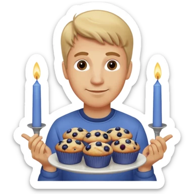 It is my friend virginias birthday. Create emoji with me saying happy birthday Virginia while holding blueberry muffins with candles in them! I am a white man make the emoji with dirty blonde hair  sticker