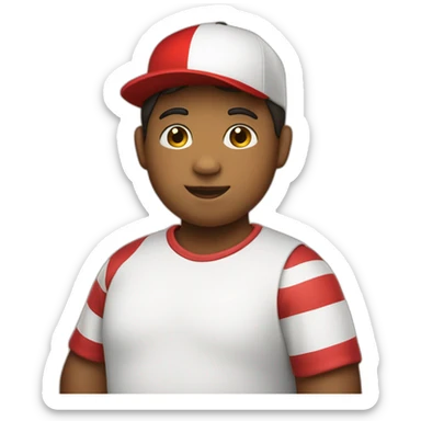 A 13-year-old boy with a big body wearing a red white hat and a red white flag in his hand sticker