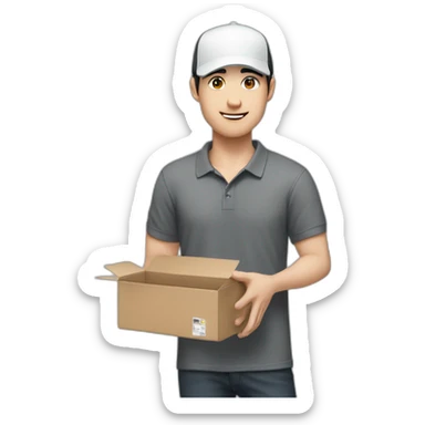 Pale skinned Man with black hair in a white cap and dark gray polo T-shirt keeping a box into his hands sticker