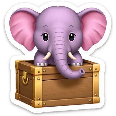 Une boite à trésor ouverte, avec un éléphant rose qui sort sa tête sticker