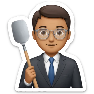 man standing with glasses wearing a suit and holding a spatula sticker