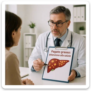 clinical scene with doctor showing a patient a liver diagram with highlighted fat areas, prevention atmosphere, Italian text 'Fegato grasso: attenzione alla salute', 4K quality sticker