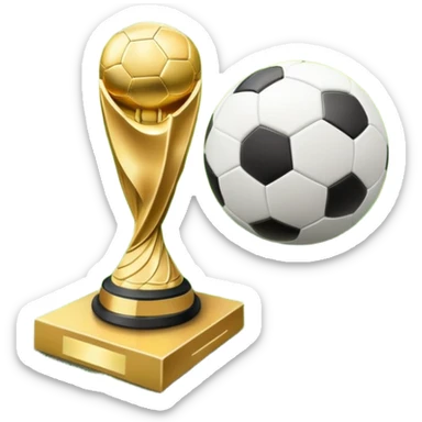 A football resting on the green grass of a soccer field, with goalposts and field markings in the background. In the foreground, the UEFA World Cup trophy gleams, symbolizing the pinnacle of football achievement, adding an element of prestige and competition to the scene. sticker