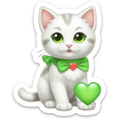 Super cute kitten with green anime eyes holding hearts sticker