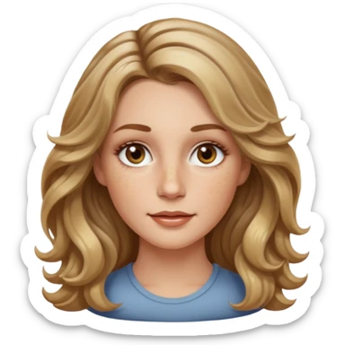 long dark Blond with highlights wavy hair white women, oval shape face hazel eyes long lashes little bit of freckles high cheek bones sticker