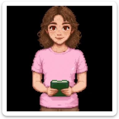 Add brown eyes and freckles on the cheeks to the pixel art teacher with brown hair, white skin, and pink t-shirt. Keep the original pixel art style. sticker