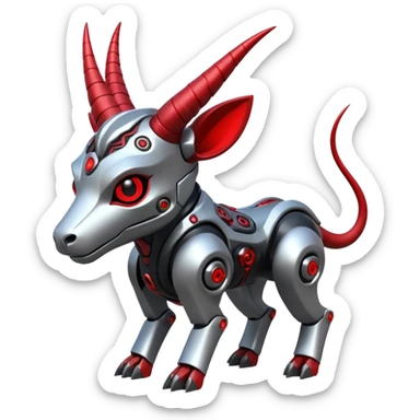 Futuristic mechanical cyborg horned modern badass cool shiny metallic alloy silver-grey black crimson-red white white lime animal hybrid Fakemon full body with intricate patterns sticker