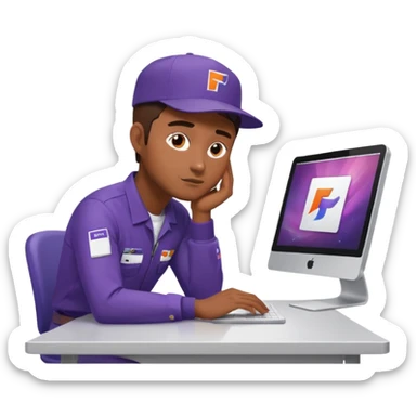 emoji of a man sitting at the table with an imac on it, a man is sitting in a very thoughtful pose, he has his hands on the table and his head resting on themб he look into the screen of imac, he is dressed in FedEx delivery uniform sticker