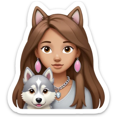 Girl with Brown long hair with husky white and grey and pink necklace for the husky  sticker