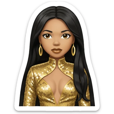 Tenitra Michelle Williams, R&B Singer from Destiny's Child with long black hair, gold sequin outfit, medium dark skin sticker
