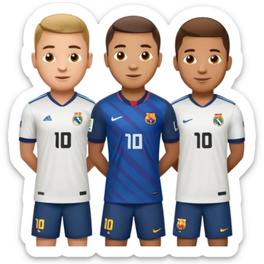 apple style emoji of a mix of famous football players Mbappe, Ronaldo, Neymar, Messi in playful poses wearing Real Madrid and Barcelona jerseys with comic speech bubbles sticker