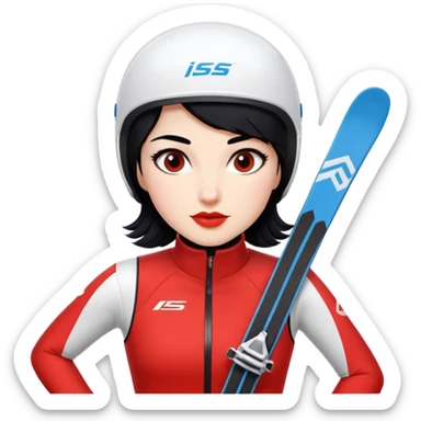 Ski racer woman red white dress black hair  sticker