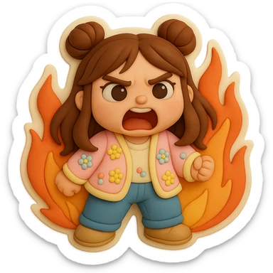 3D chibi fondant cake art style, high-quality rendering with smooth shadows and soft gradients. Girl based on reference image with preserved facial features and eye shape, long brown hair in two space buns, brown eyes, jeans, pastel floral cardigan, shoes, thick white outline like a sticker. Screaming angrily while surrounded by flames. Ensure the face, hairstyle, eye shape, and shoes match the reference exactly. sticker