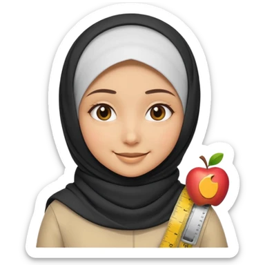 a smiling hijab girl with a measuring tape around her neck, Apple emoji style sticker