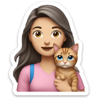 White woman with blue eyes and long dark hair wearing a pink shirt and holding a tabby cat sticker