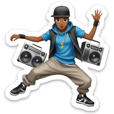 Icon for Street Dance: a dancer in urban streetwear performing a dynamic lower breakdance move, with a spray-painted background and a boombox on the asphalt. The icon should capture the energy, style, and creativity of street dance culture. Transparent background. sticker