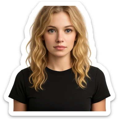 upper body portrait of a blonde wavy haired girl with blue eyes, nose ring on left side, wearing a black cropped shirt sticker